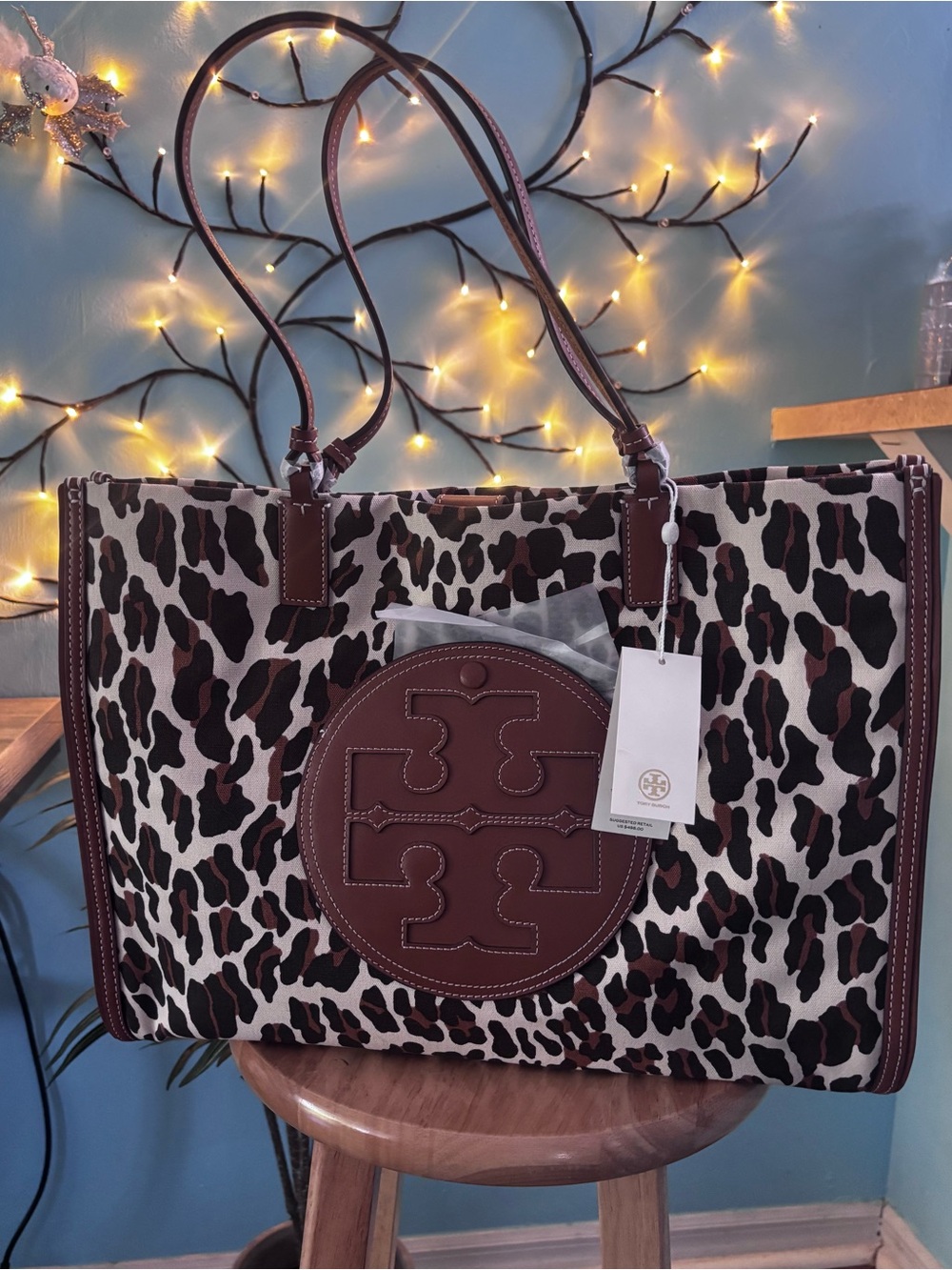 Tory Burch NWT Large Leopard-Print Ella Canvas Tote Bag